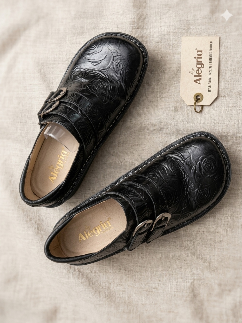 Alegria Black Embossed Leather Slip-On Loafer